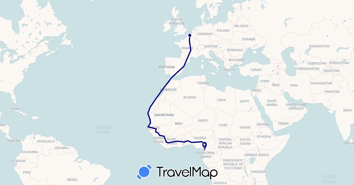 TravelMap itinerary: driving in Benin, Côte d'Ivoire, Cameroon, Spain, France, Guinea, Morocco, Mauritania, Nigeria, Senegal, Togo (Africa, Europe)